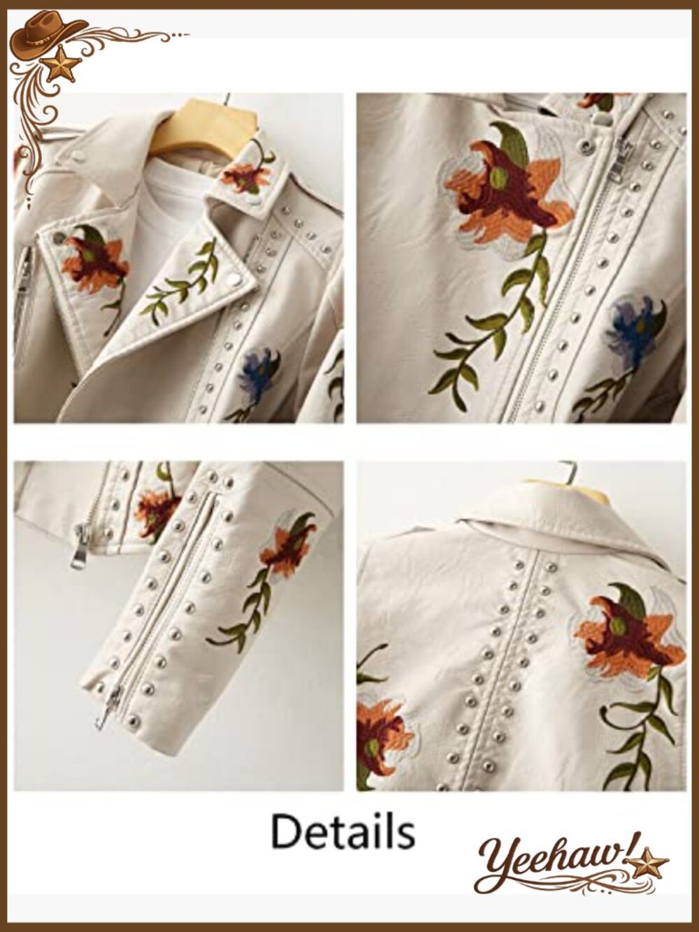 Embellished Faux Leather Moto Jacket Floral Embroidery Cropped - Picture 5 of 6